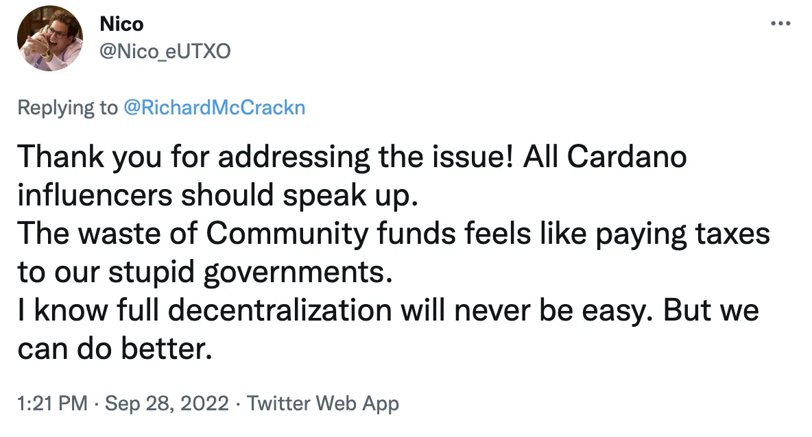 Cardano fan lamenting on wastage of catalyst funds